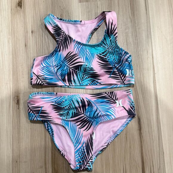 Hurley Tropical Pink Blue Two Piece Bathing Swimsuit Girls 5-6 - Picture 1 of 3